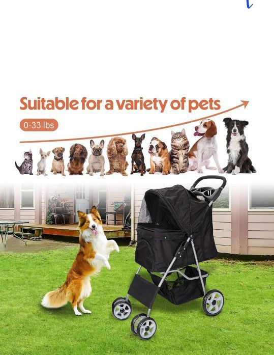 Foldable Pet Stroller, Cat/Dog Stroller with 4 Wheel, Pet Travel Carrier Strolling Cart with Storage Basket, Cup Holder, Black

