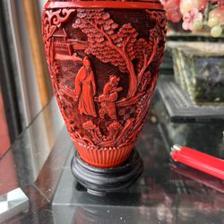  Vintage Chinese Hand Carved Cinnabar Vase Red Lacquer Blue