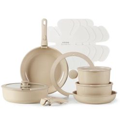15-Piece Taupe Nonstick Ceramic Cookware Set Pots Pans Induction Dishwasher Oven Safe Detachable