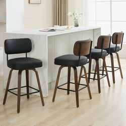284 Swivel Bar Stools Set of 4, 26" Counter Height, Black Walnut Wood Legs, Upholstered Seat, Supportive Backrest, Easy-Clean Faux Leather, Mid-Centur