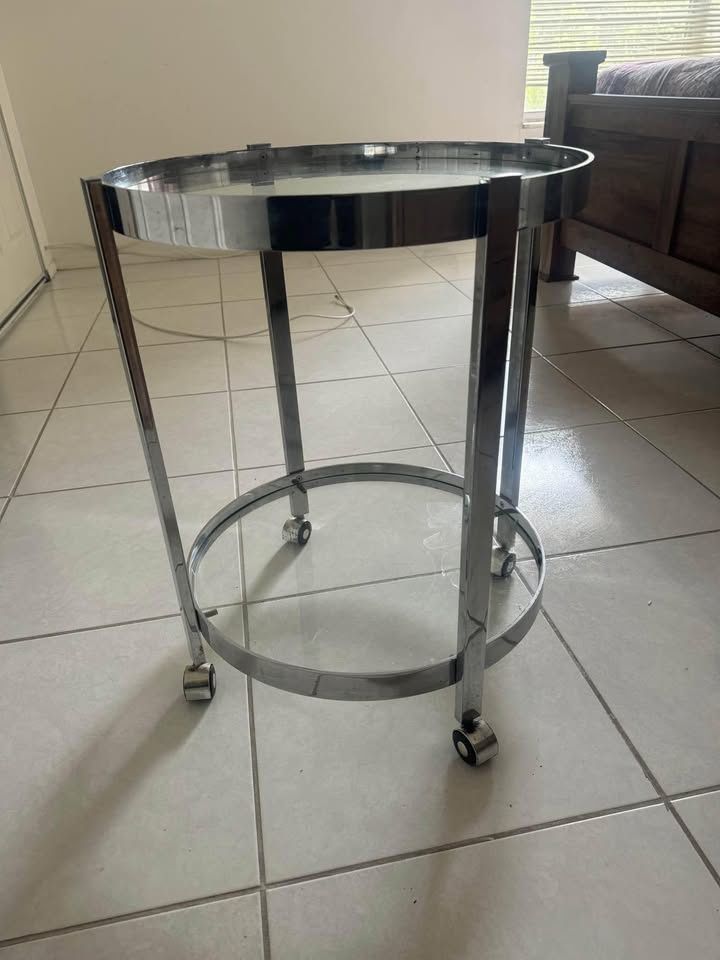 Rolling Serving Table Wine Or Bar Cart Chrome & Glass 2 Tier
