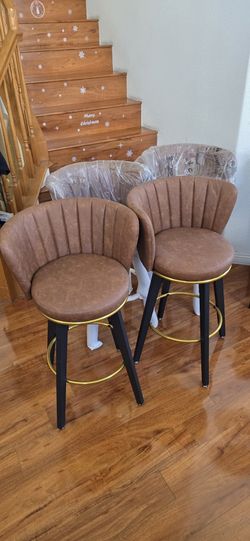 4 of 26" Mid-Century Modern Barstools, Velvet Counter Height Chairs, 360 Swivel Bar Stools, Brown