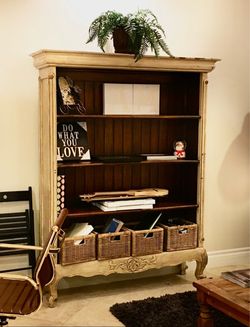 French Country Wood Bookcase with Wicker Baskets