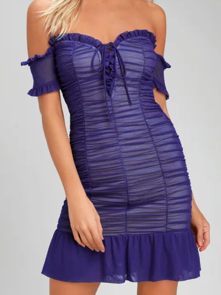 Lulus Kris Royal Blue Ruched Off-the-Shoulder Bodycon Dress