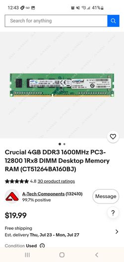 Crucial 4GB DDR3 1600MHz PC3-12800 1Rx8 DIMM Desktop Memory RAM