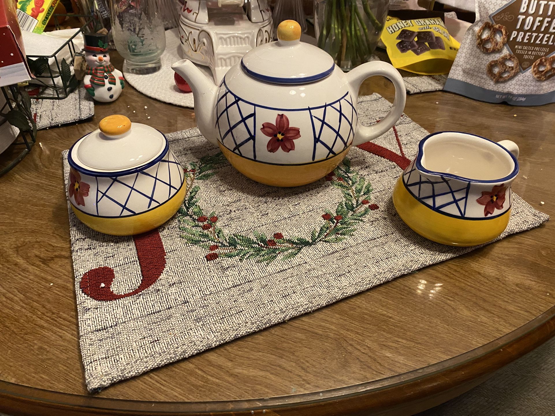 Teapot Set, Certified International CIC Tea or Coffee Pot with Sugar & Creamer Matching Set