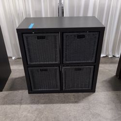Dark Brown Four-Cube Storage Unit with Woven Baskets