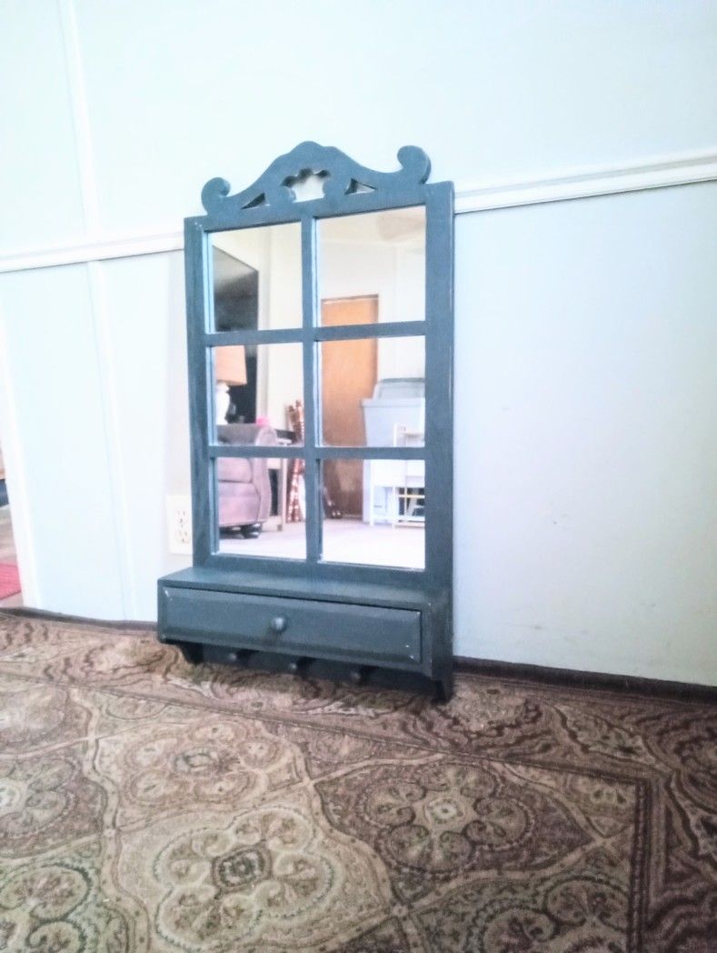 SOLID WOOD NAVY BLUE FARMHOUSE "6" PANE WALL MIRROR W/ DRAWER & SHELF