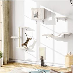 New-Wall Mounted Cat Furniture, 5 Pcs Cat Wall Shelves with House, Bridge, Steps, Scratching Post, Shelves, Indoor Safe & Stable Furniture for Kittens