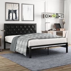 Queen Size Metal Bed Frame with Faux Leather Upholstered Headboard, Black