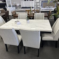 7PC White Marble Top Dining Table Set