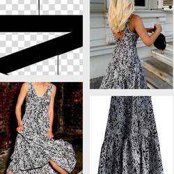 Zara Animal Print Tiered  lace up cutout back black & white Maxi Dress size L