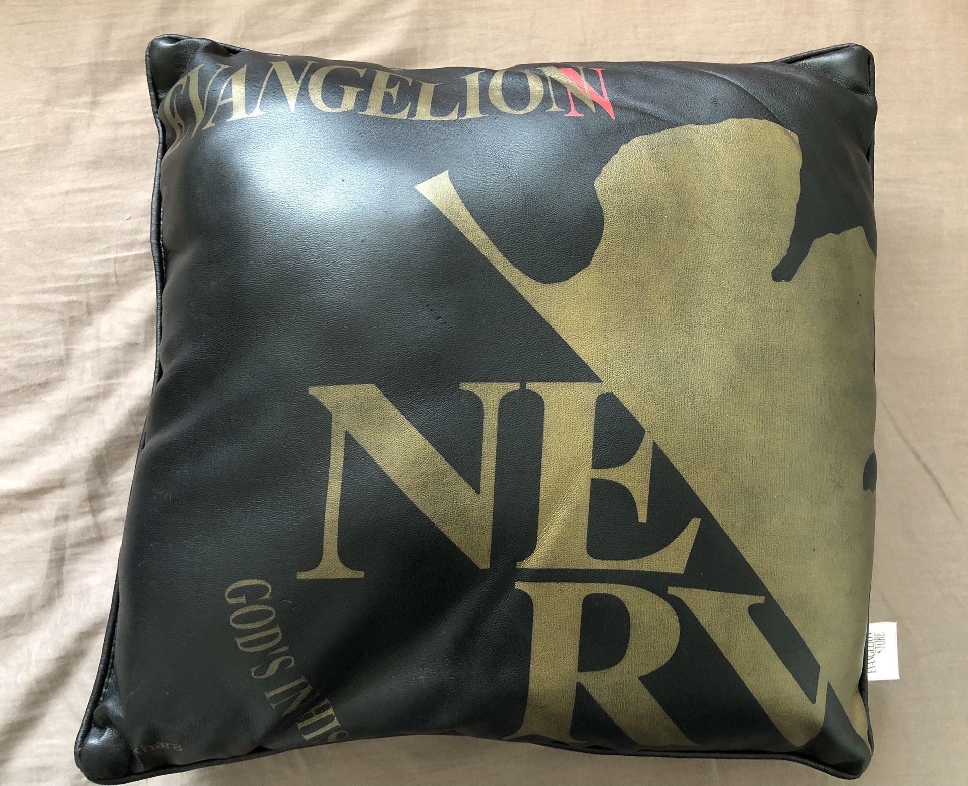 Evangelion Cushion Pillow NERV logo Black leather Bought in Japan Eva Store Rare, Discontinued.