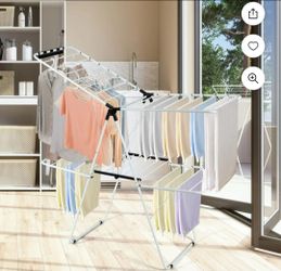 Clothes Drying Rack, Foldable 2-Level Laundry Drying Rack w/Height-Adjustable Wings, Standing Large Drying Rack