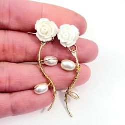 Gold with white flowers floral drop dangle women's earrings gift. 
