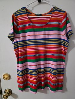 Lauren Ralph Lauren Women's 2X Multicolor Striped Cotton Scoop Neck Top