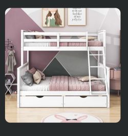 White Twin Over Full Bunk Bed w/ Mattresses & Storage Drawers