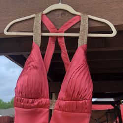 Prom LongDress Size 10 Open Back Coral Color With Gold Beads 