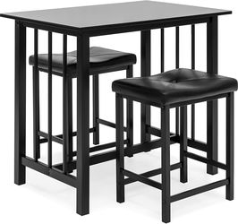 Set of 3 - Counter Height Dining Table with 2 Leather Stools, Black