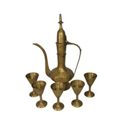 Vintage India Etched Brass Dallah Style 6 Pc Tea set 10" Pitcher & 3" Cups