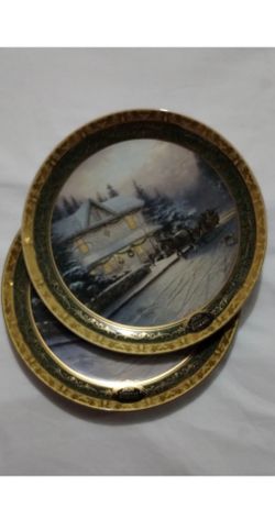 THOMAS KINKADE PORCELAIN CHRISTMAS PLATES SET OF 2/9"