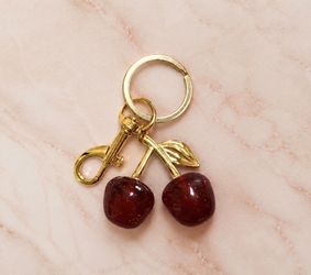 Sparkling Red Cherry Bag Charm Keychain – Gold Tone