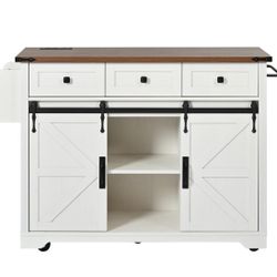 DAMAGED Kitchen Island with 2 AC Outlets and 2 USB Ports, 2 Sliding Barn Doors, 5 Universal Wheels