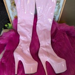 Pink Holographic Thigh High Boots - 8" Heel, 4" Platform, Stretch
