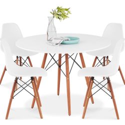 Compact Mid-Century Modern Table & Chair Set for Home, Apartment w/ 4 Chairs, Plastic Seats, Wooden Legs, Metal Frame - White/Walnut