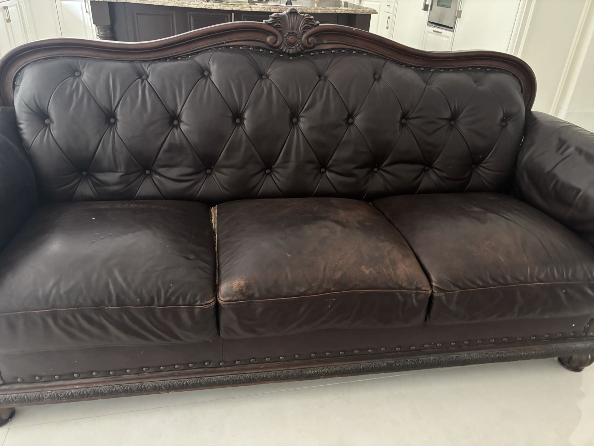 Vane Traditional Brown Leather Tufted Back Sofa