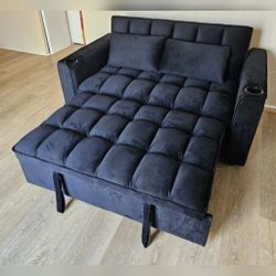 Black velvet loveseat pullout sofa bed with cup holders 
