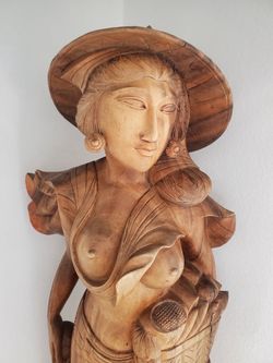 FULL SIZE HAND CARVED TEAK WOOD THAI LADY STATUE
