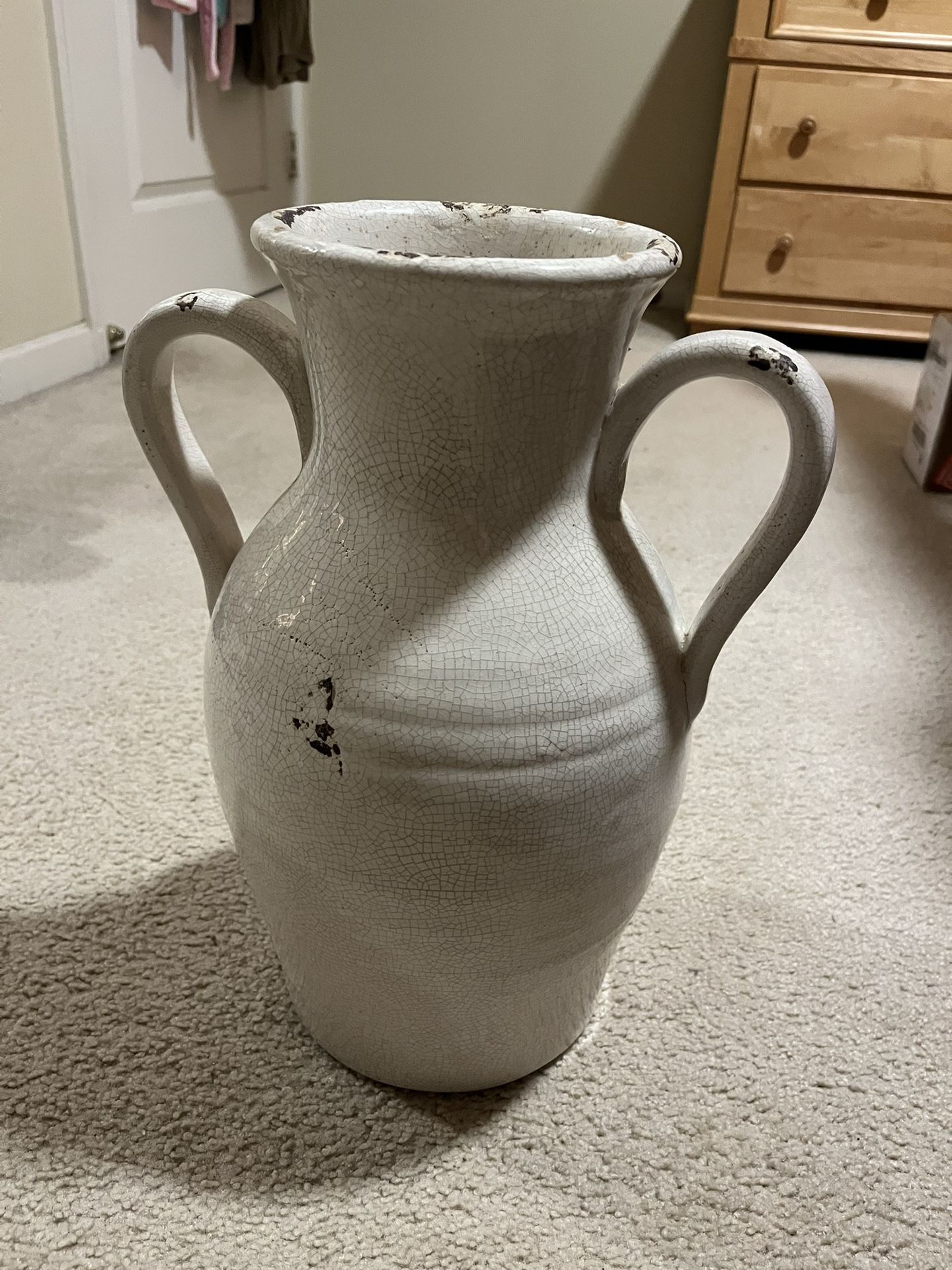 White Distressed Ceramic Pitcher Vase With Handles 