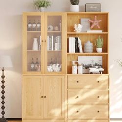 Vertical File Cabinet, 3-Tier Modern Bookshelf with 3 Large Drawer, Wood Filing Cabinet with Open Storage Shelf, Glass Doors and Fixed Stora