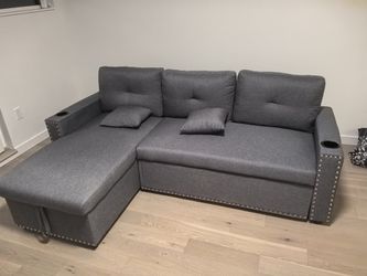 Free - Gray Fabric L-Shaped Sectional Sofa with Cup Holders