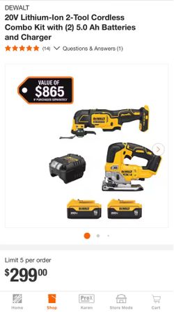 DEWALT 20V Lithium-Ion 2-Tool Cordless Combo Kit with (2) 5.0 Ah Batteries and Charger
