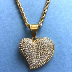 Ladies Sparkling Heart Pendant with Chain- Gold Bonded On Stainless Steel *Ship Nationwide Or Pickup Boca Raton
