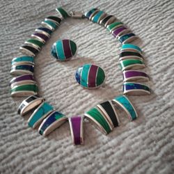 Vintage Mexican Multi-color In-lay Sterling Silver Necklace And Earrings