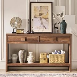 55 Inch Narrow Console Table with Drawers and Open Shelves Entryway Table with Storage, Mid Century Modern Hallway Accent Tables Behind Couch Table fo