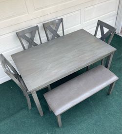 6-PC GRAY FINISH DINING SET (DINING TABLE, (1 PADDED BENCH AND AND 4 PADDED CHAIRS)