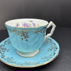 Vintage Aynsley Teacup & Saucer Blue & Gold Hand-painted purple Flowers