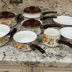 Vintage Sanko Country Flowers Enamel Cookware Pots and Pans Set (new old stock) 17 pieces.