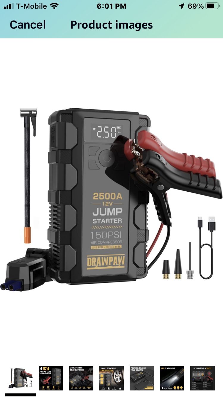 5-in-1 solar power bank CELLGEAR Portable Car Jump Starter with Air Compressor,2000A 150PSI Jump Starter Battery Pack(8.5L Gas/8.0L Diesel Engine) Dig