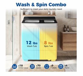 20Lbs Portable Washing Machine with Built-in Drain Pump, Black Compact Laundry Machine with 12Lbs Washer and 8Lbs Spinner, Twin Tub Washer for Apartme