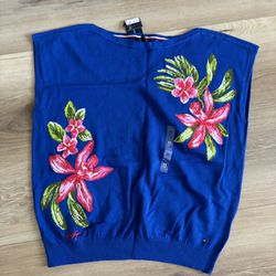 TOMMY HILFIGER  Blue Boat Neck Floral Pattern Sweater Top Size Medium