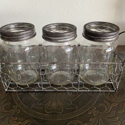 Farmhouse Wire Basket w\3 Glass Jars