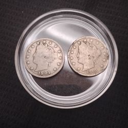 2 Rare Vintage Old 1901 & 1910 USA V Nickel Cent Coins 