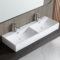 48" x 16.5" Bathroom Sinks, Trough Sink Bathroom with Double-Bowl & Chrome Overflow, Wall Mounted Bathroom Sink for Wall Mount or Countertop, Floating