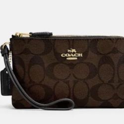 Coach Double Corner Zip Wristlet In Signature Canvas, Gold/Brown Black