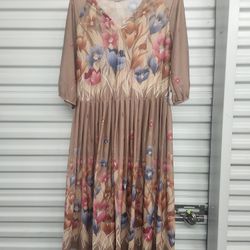 Vintage 1970's Brown Floral And Wheat Border Print Dress In Roads Inroads 13/14